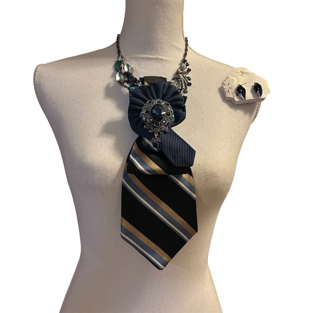 Tommy Hilfiger Repurposed Tie Necklace Set Blue Crystal Brooch Enamel Earrings - Picture 12 of 13